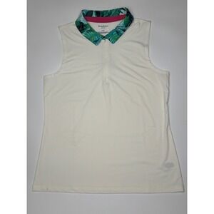 Tommy Bahama Active Womens Large Sleeveless Polo Shirt White Tropical Collar